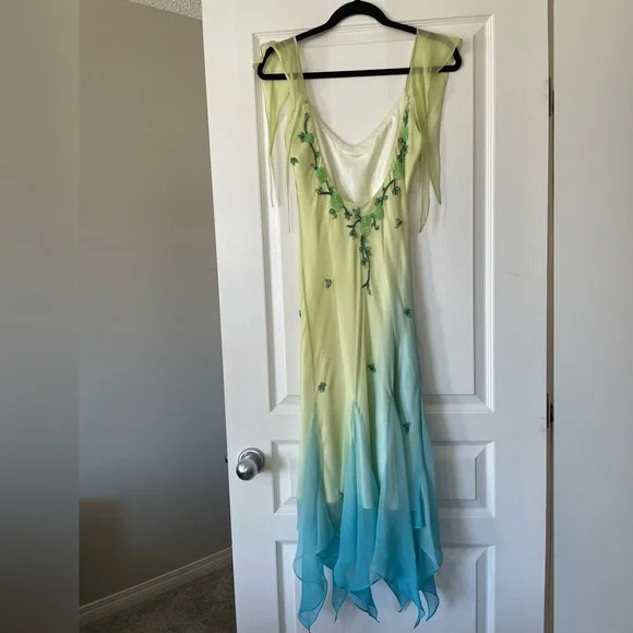 ❄️SOLD❄️ Vintage 90s Y2K Silk Beaded Fairycore Tinkerbell Whimsical Dress S M - Picture 3 of 12